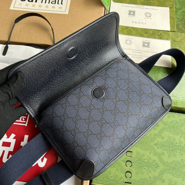 BORSA DA MARSUPIO PICCOLA OPHIDIA 23 IN TELA MONOGRAMMA BLU SCURO E FINITURE IN PELLE DI AGNELLO NERA