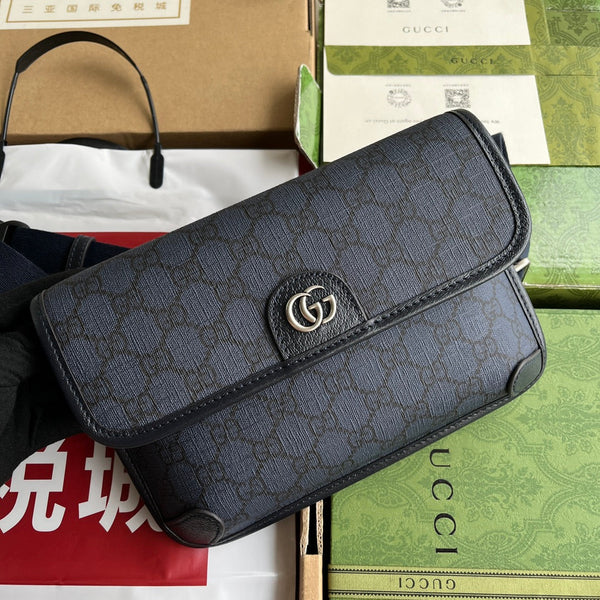 BORSA DA MARSUPIO PICCOLA OPHIDIA 23 IN TELA MONOGRAMMA BLU SCURO E FINITURE IN PELLE DI AGNELLO NERA