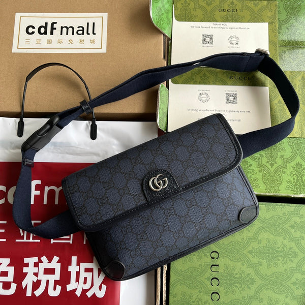 BORSA DA MARSUPIO PICCOLA OPHIDIA 23 IN TELA MONOGRAMMA BLU SCURO E FINITURE IN PELLE DI AGNELLO NERA