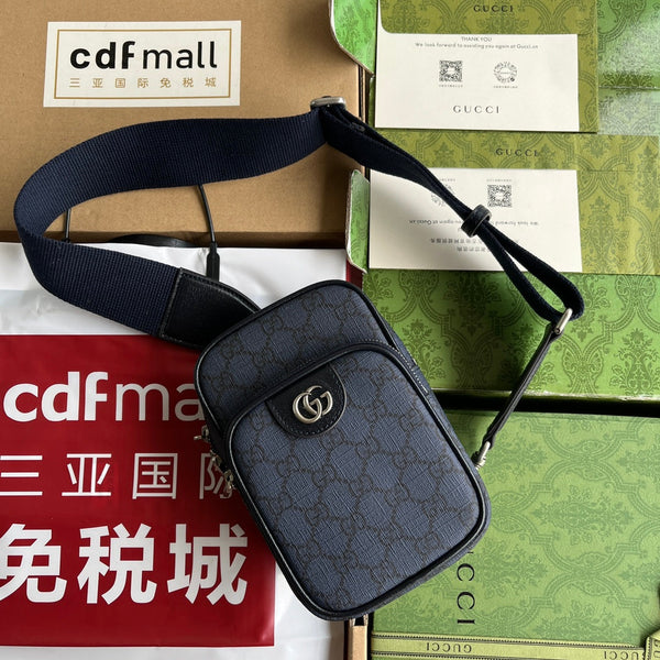 BORSA MINI OPHIDIA 18 IN TELA MONOGRAM BLU SCURO E FINITURE IN PELLE DI AGNELLO NERA