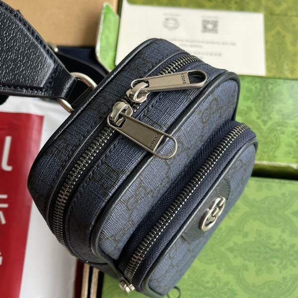 BORSA MINI OPHIDIA 18 IN TELA MONOGRAM BLU SCURO E FINITURE IN PELLE DI AGNELLO NERA