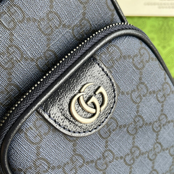 BORSA MINI OPHIDIA 18 IN TELA MONOGRAM BLU SCURO E FINITURE IN PELLE DI AGNELLO NERA