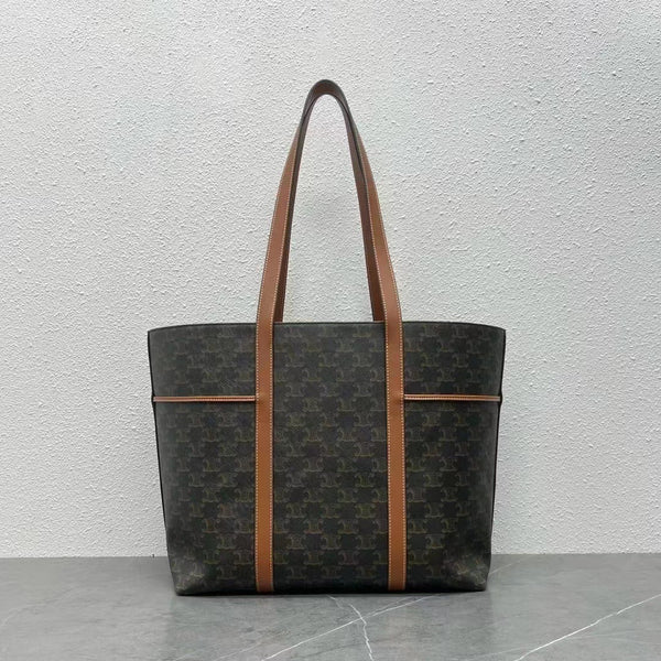 Celine Cabas Drawstring Bag Triomphe Black Brown Canvas & Calfskin