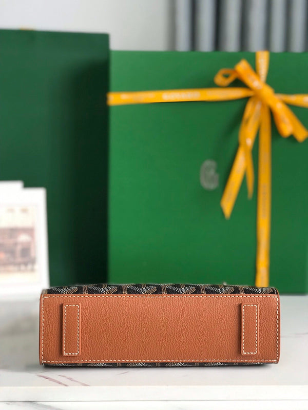 MINI BORSA ROUETTE STRUTTURATA 21 IN TELA GOYARDINE NERA E PELLE DI VITELLO CUOIO