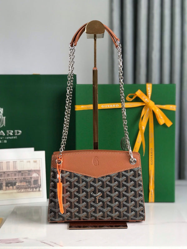 MINI BORSA ROUETTE STRUTTURATA 21 IN TELA GOYARDINE NERA E PELLE DI VITELLO CUOIO