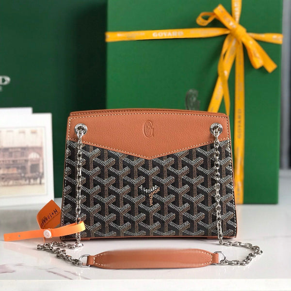 MINI BORSA ROUETTE STRUTTURATA 21 IN TELA GOYARDINE NERA E PELLE DI VITELLO CUOIO