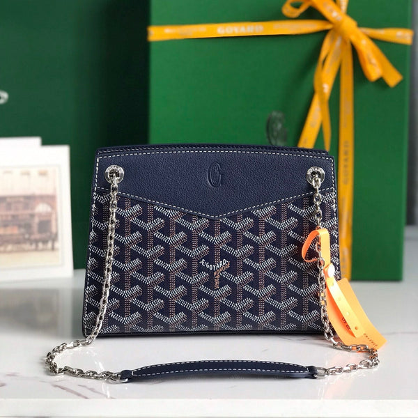 MINI BORSA ROUETTE STRUTTURATA 21 IN TELA GOYARDINE BLU NAVY E PELLE DI VITELLO