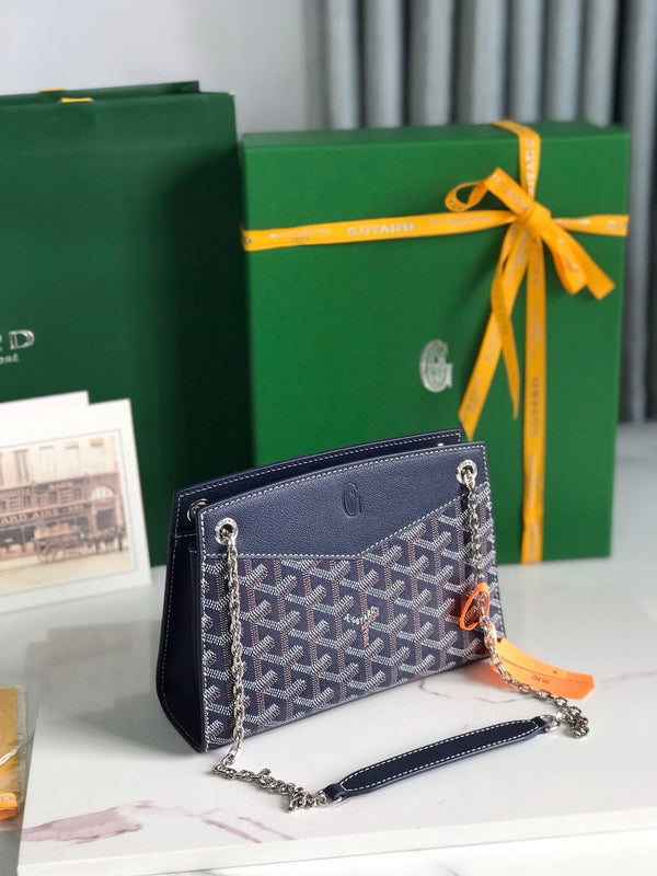MINI BORSA ROUETTE STRUTTURATA 21 IN TELA GOYARDINE BLU NAVY E PELLE DI VITELLO