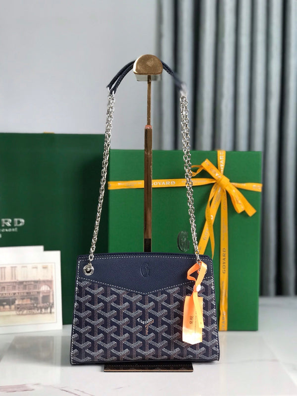 MINI BORSA ROUETTE STRUTTURATA 21 IN TELA GOYARDINE BLU NAVY E PELLE DI VITELLO