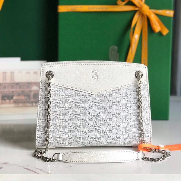 MINI BORSA ROUETTE STRUTTURATA 21 IN TELA GOYARDINE BIANCA E PELLE DI VITELLO