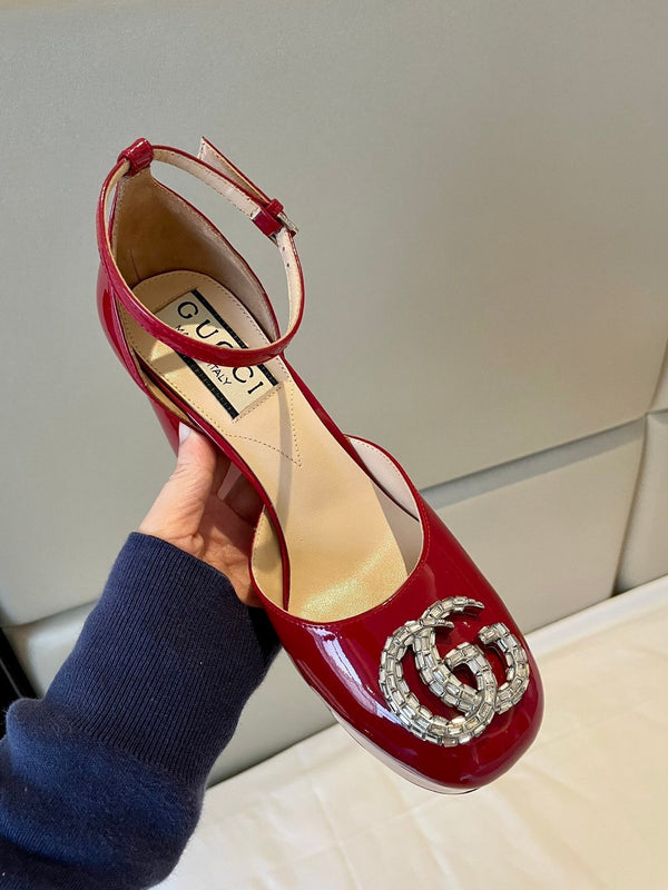 décolleté con plateau 12cm con doppia g in vernice rossa