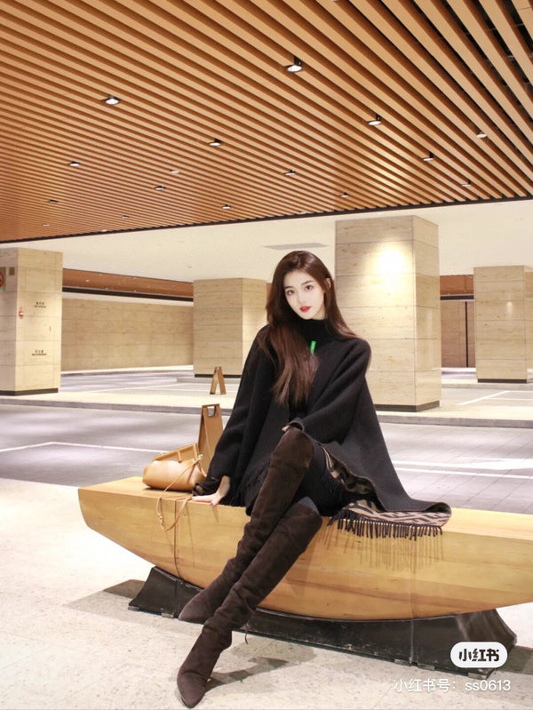 SCIARPA FF 170 CM IN MISTO CASHMERE E LANA NERO CAMMELLO