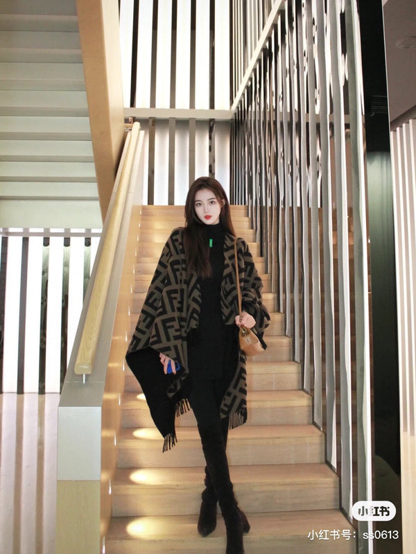 SCIARPA FF 170 CM IN MISTO CASHMERE E LANA NERO CAMMELLO