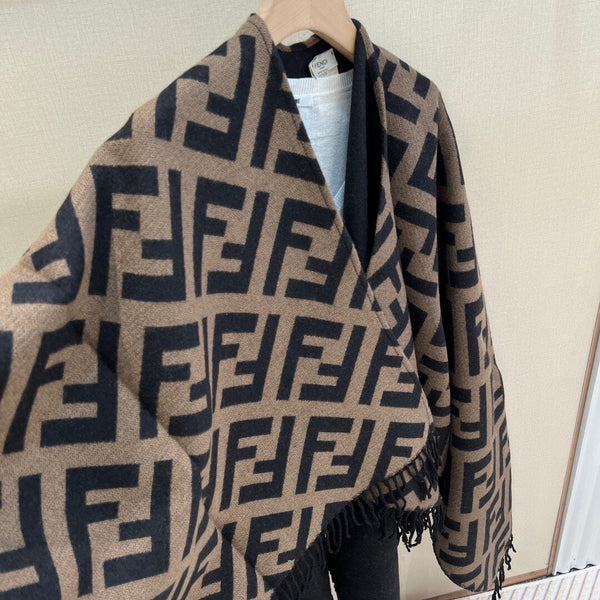 SCIARPA FF 170 CM IN MISTO CASHMERE E LANA NERO CAMMELLO
