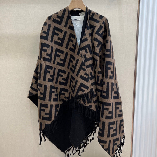 SCIARPA FF 170 CM IN MISTO CASHMERE E LANA NERO CAMMELLO