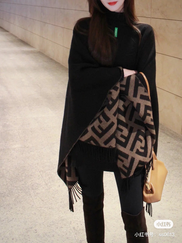 SCIARPA FF 170 CM IN MISTO CASHMERE E LANA NERO CAMMELLO