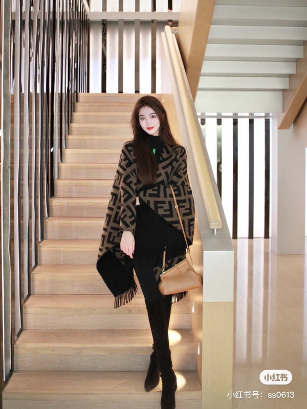 SCIARPA FF 170 CM IN MISTO CASHMERE E LANA NERO CAMMELLO