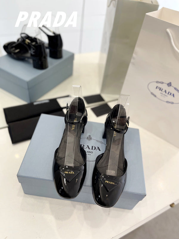 Pra Slingback 40 Square Sole Pelle Verniciata Nera