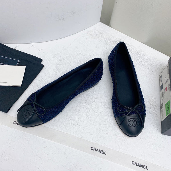 ballerina blu scuro tweed grosgrain nero