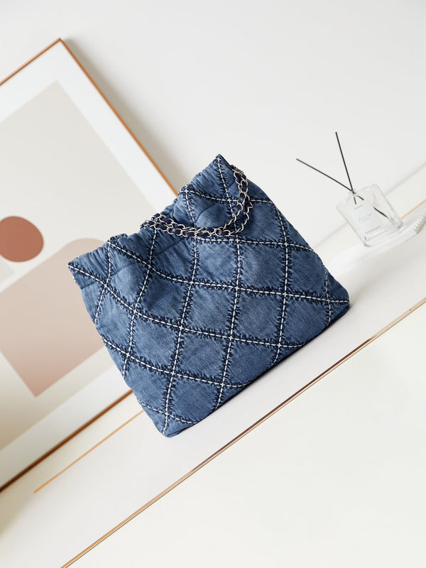 cc 22 hobo blu denim cucito hardware argento