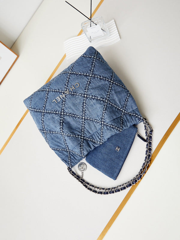 cc 22 hobo blu denim cucito hardware argento