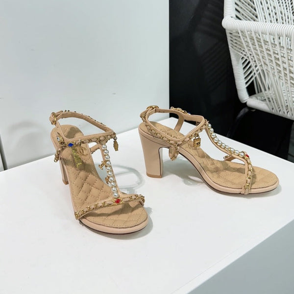 sandalo tacco alto 85 in pelle di vitello trapuntata beige