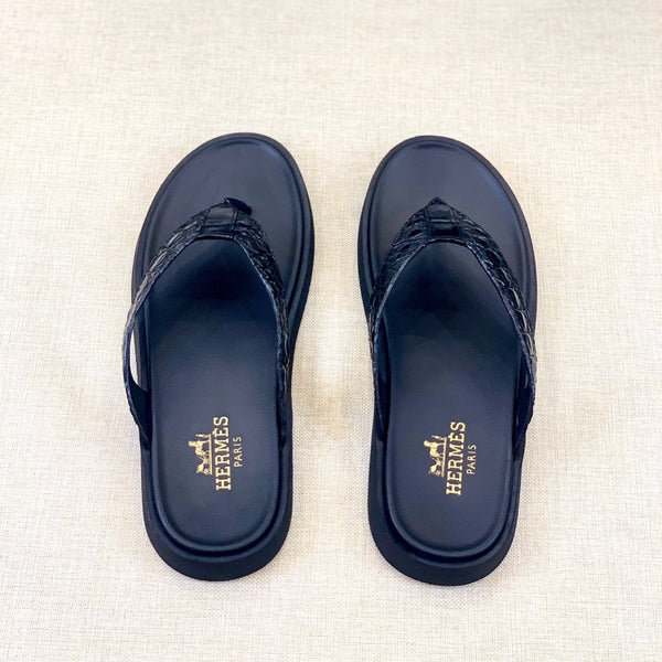 HM Men's Thong Sandals Black Rubber Sheepskin 561664