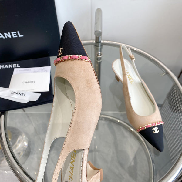 cc slingback pumps 45 beige seude black grosgrain point toe 582852