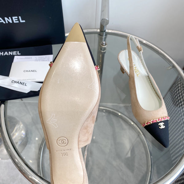 cc slingback pumps 45 beige seude black grosgrain point toe 582852