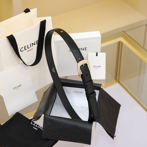 CL MEDIUM 25 MM MARCO BELT WITH STRASS IN BLACK CALFSKIN GOLD HARDWARE