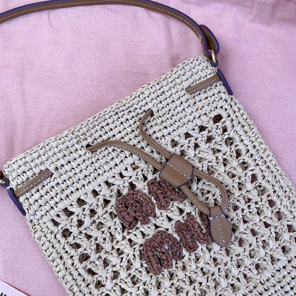 borsa a secchiello miu 20cm tessuto beige intrecciato