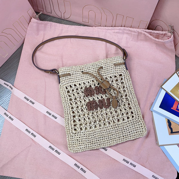 borsa a secchiello miu 20cm tessuto beige intrecciato