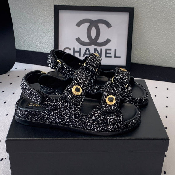 sandalo da papà in tweed bianco e nero