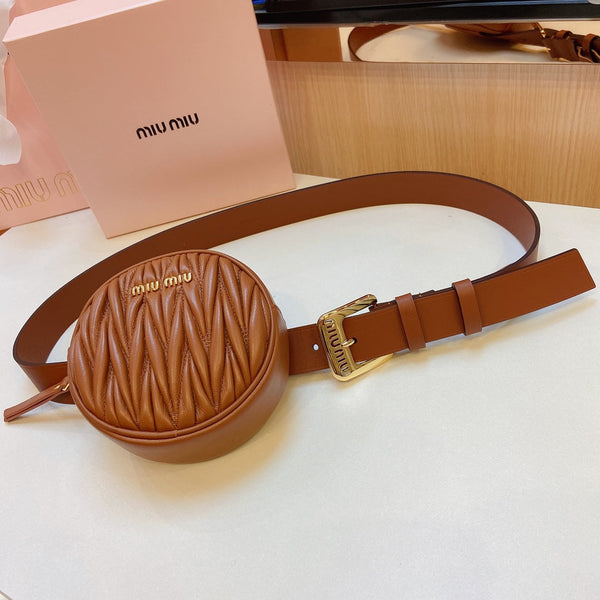 cintura miu marrone 30mm con borsa matelassé circolare fibbia oro