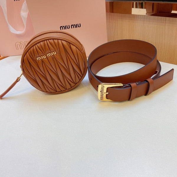 cintura miu marrone 30mm con borsa matelassé circolare fibbia oro