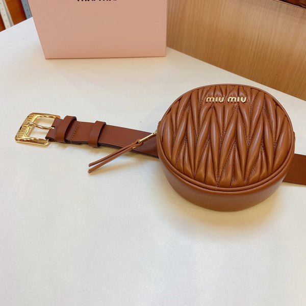 cintura miu marrone 30mm con borsa matelassé circolare fibbia oro