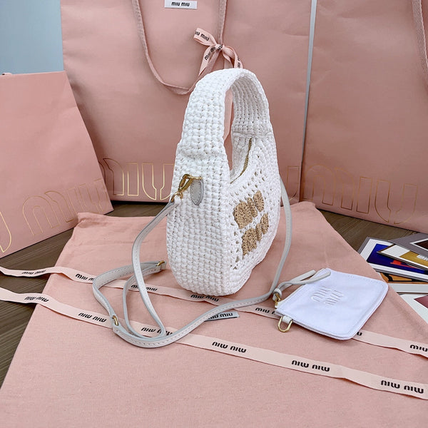 borsa hobo miu wander 20cm tessuto intrecciato bianco