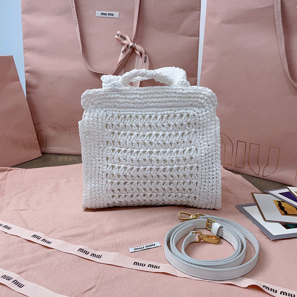 miu tote bag 22cm white woven fabric