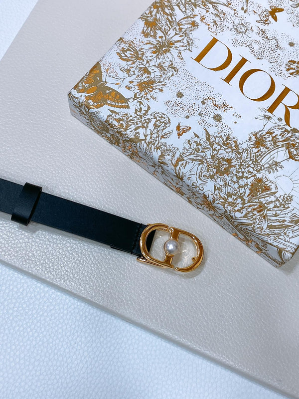Ceinture CD Montaigne 20 mm Veau Noir Boucle Or Perlée