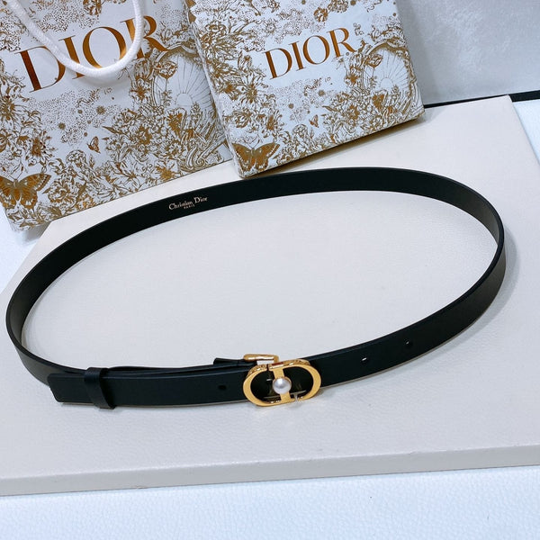 Ceinture CD Montaigne 20 mm Veau Noir Boucle Or Perlée