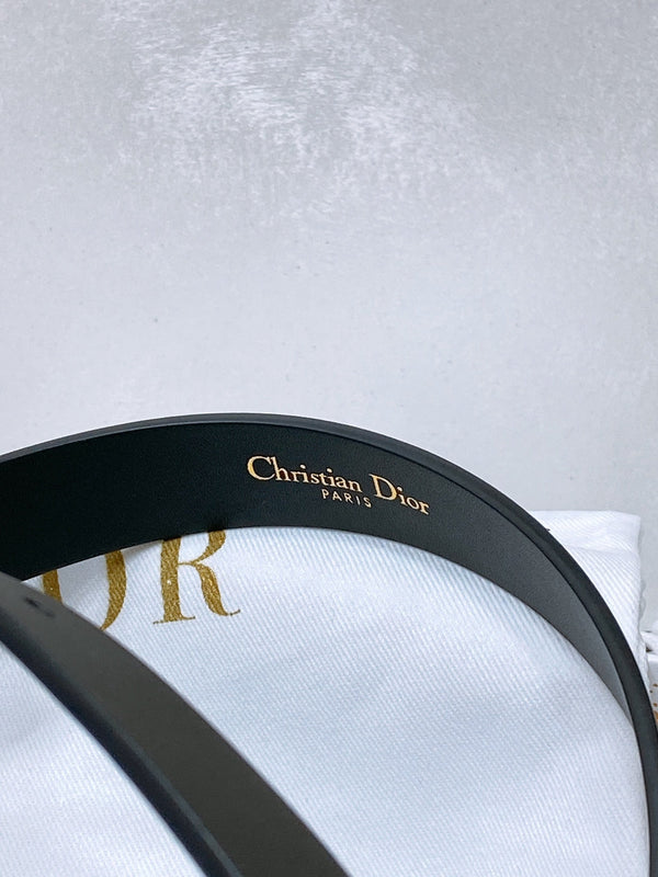 Ceinture CD Montaigne 20 mm Veau Noir Boucle Or Perlée