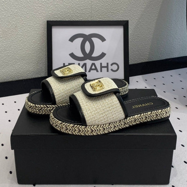 sandalo mulo in tweed crema pelle di vitello nera