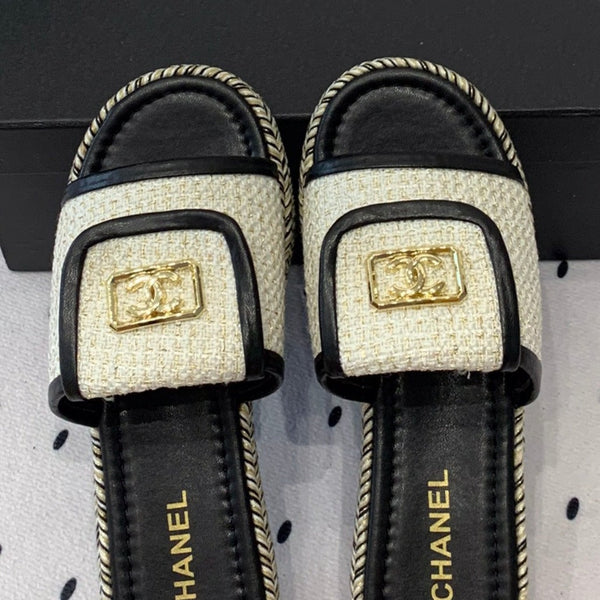 sandalo mulo in tweed crema pelle di vitello nera