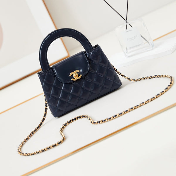 borsa shopper cc 24a nano 19cm kelly blu navy in pelle di agnello 