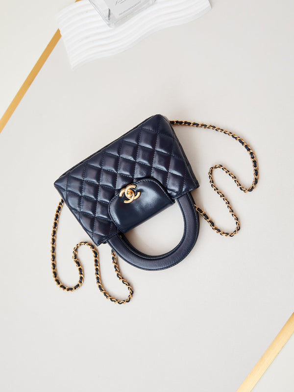 borsa shopper cc 24a nano 19cm kelly blu navy in pelle di agnello 
