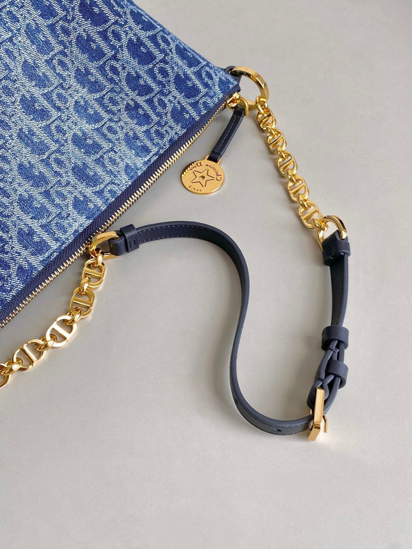 DIORSTAR 28 HOBO BAG WITH CHAIN BLUE DENIM OBLIQUE JACQUARD