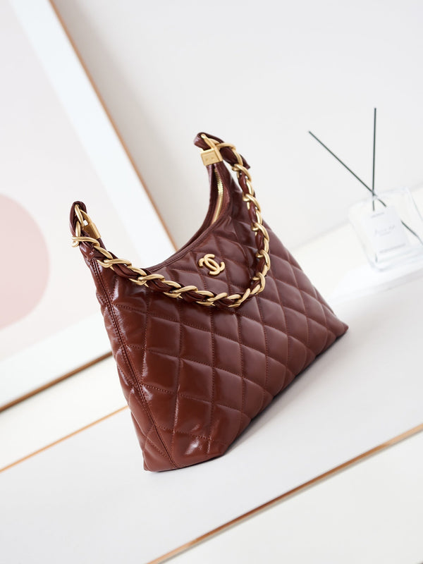 Borsa hobo 24a 32 cm in pelle di vitello bordeaux con finiture dorate