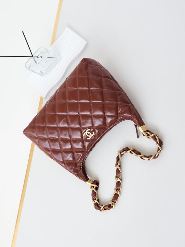 Borsa hobo 24a 32 cm in pelle di vitello bordeaux con finiture dorate