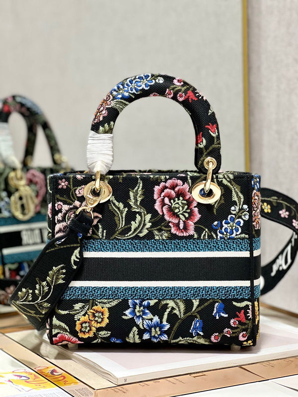 Borsa Lady Dior in tela nera con fiore CD 336670