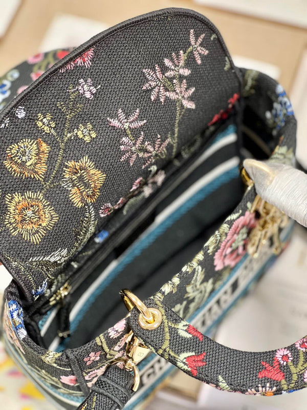 Borsa Lady Dior in tela nera con fiore CD 336670